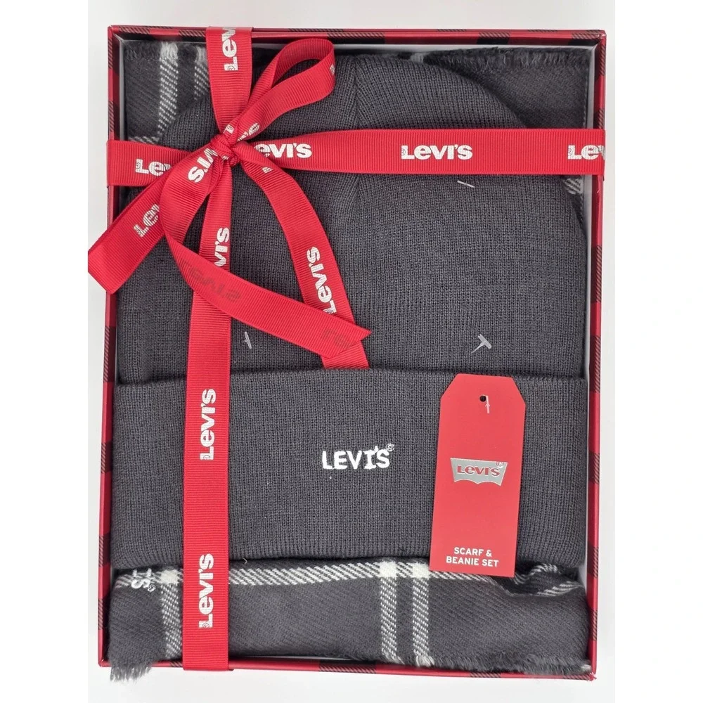 Levi's Men's Logo Beanie & Windowpane Scarf Gift Set Gray One Size NWT